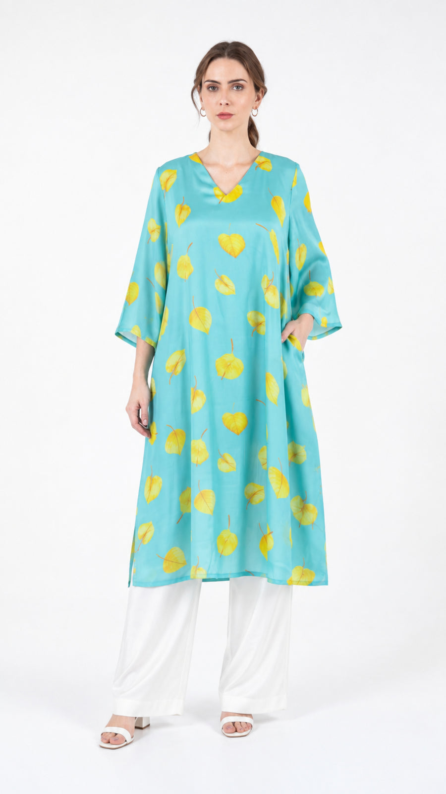 Turquoise Leaf Print Kurta