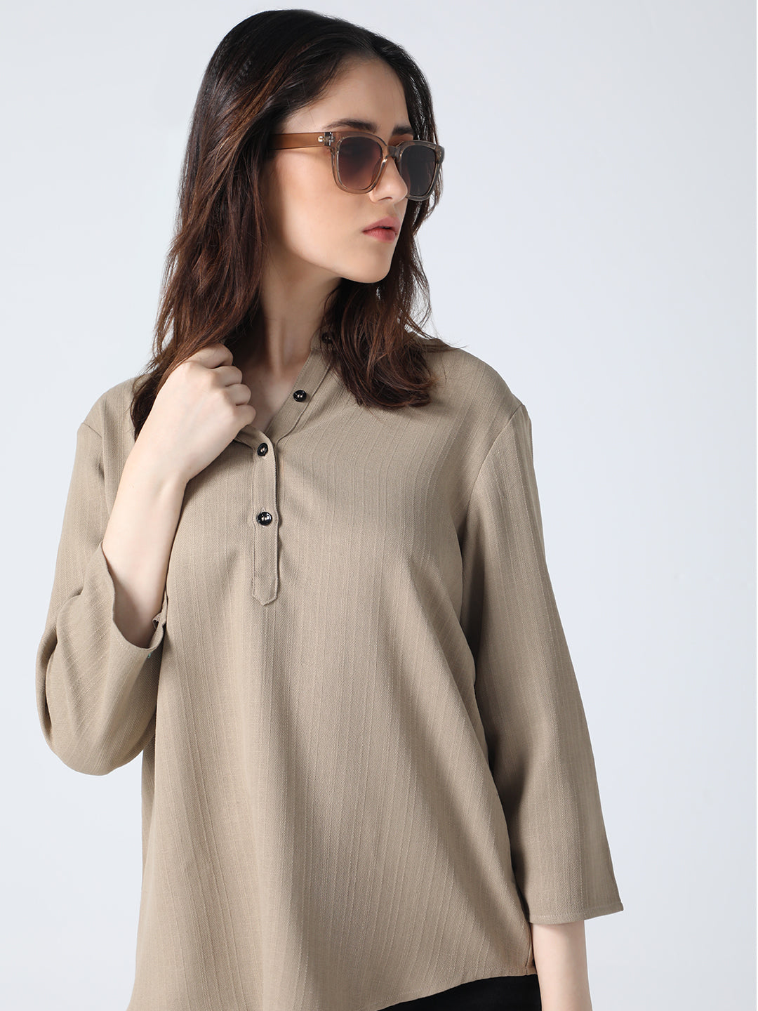 Stand Collar Top - Khaki